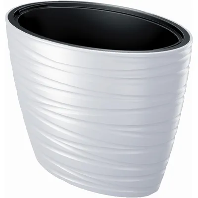 A white oval planter with a black inner pot, set against a white background.