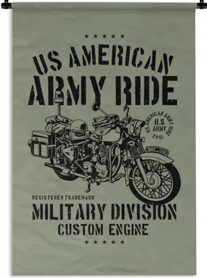 Produktbild von MuchoWow® Wandteppich Wandbehang Mancave - Motorrad - Armee - Vintage 120x180 cm Tapisserie Dekoration Wandtuch - Schlafzimmer - Dekorationen für das Haus