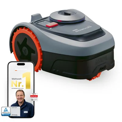Segway Navimow i210E AWD Mähroboter in Grau mit orangen Allrad-Geländerädern und Navimow-App