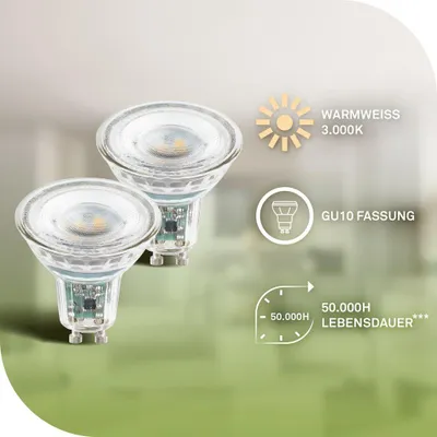 Two LED light bulbs with marketing information overlaid.