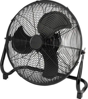 A black floor fan is shown against a white background.