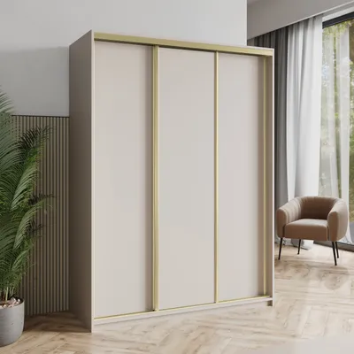 Produktbild von Masseno Schiebetürenschrank NISSE 150/205/60 cm Kleiderschrank mit Schubladen Schlafzimmer Schrank 3-türig Kaschmir + Gold