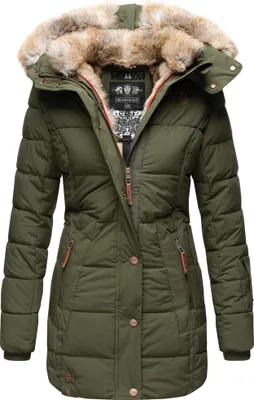 Produktbild von Marikoo Lieblingsjacke Damen Winter Steppjacke mit Kapuze Parka Wintermantel Kunstfellkragen Olive Gr. 34 - XS
