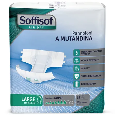 Zdjęcie produktu dla 15x Soffisof Air Dry Super Rozmiar L – Pieluchy dla dorosłych – 1 opakowanie (15 sztuk), 8 kropel, pieluchy na nietrzymanie moczu