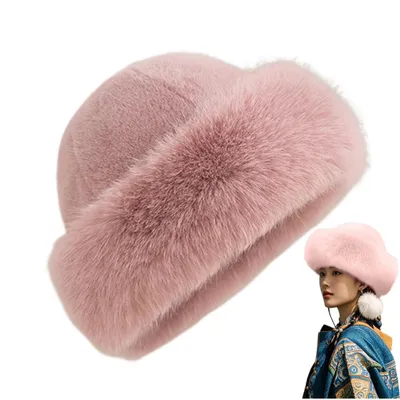 Produktbild von Damen Wintermütze Plüsch – Warm, Winddicht, Mit Bommel – Kunstfell Mütze