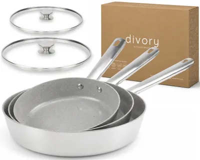 Produktbild von DIVORY Edelstahlpfanne Keramikbeschichtung - Set 5 tlg. – alle Herdarten, backofengeeignet, spülmaschinenfest (Set, 20, 24, 28 cm Pfanne, 2x Deckel)