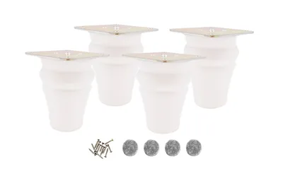 Four white furniture legs with silver tops and a set of screws and felt pads are arranged on a white background.