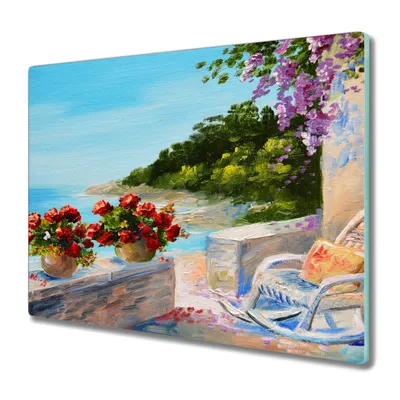 Produktbild von Coloray Kochplattenabdeckung Herdabdeckplatte 60x52 cm Hackbrett Schneidebrett Küchenbrett - Küste Meer Himmel Blumen