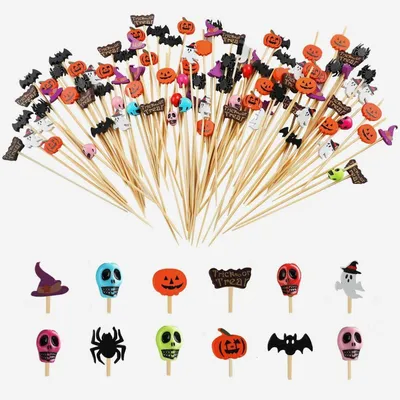 Immagine prodotto di Spiedini per cocktail di Halloween, confezione da 200 pezzi, lunghezza 12 cm, realizzati in legno di bambù, con decorazioni a forma di teschio, zucca, pipistrello e fantasma