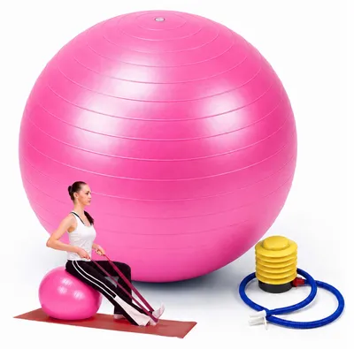 Productafbeelding van Relaxdays Gymnastiekbal, 75 cm, met luchtpomp, antilek, draagvermogen 150 kg, PVC, fitnessbal voor yoga en pilates, kantoorkruk, roze, AI-gegenereerde afbeelding