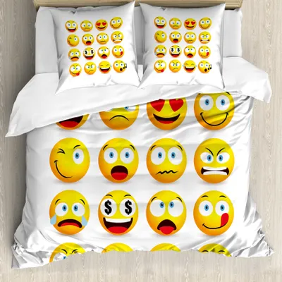 Zdjęcie produktu dla ABAKUHAUS Emoticon Poszewka na kołdrę, Smiling Faces Skład, Odporna na roztocza Odpowiednia dla alergików, z poszewkami na poduszki, 155 cm x 220 cm - 80 x 80 cm, Wielokolorowa