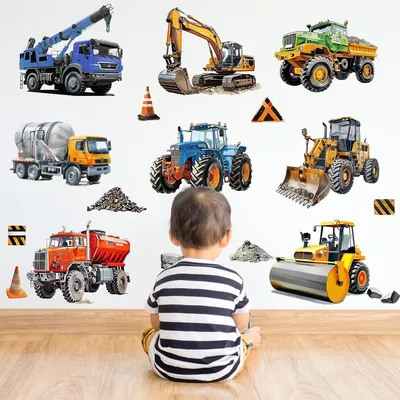 Imagen del producto de Calcomanía mural para vehículos y obras, tamaño extra grande, con motivos de excavadora, tractor y grúa, ideal para decorar habitaciones infantiles