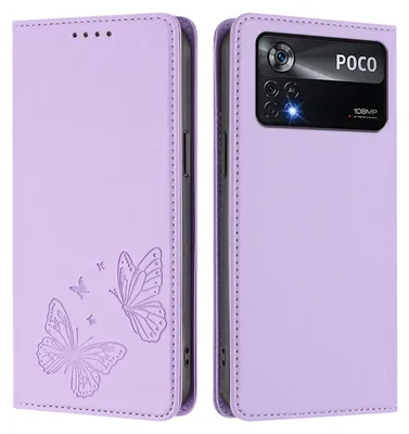 Produktbild von Lederhülle für Xiaomi Poco X4 Pro 5G, Schmetterling Prägung Leder Brieftasche Schutzhülle mit Ständer Violett
