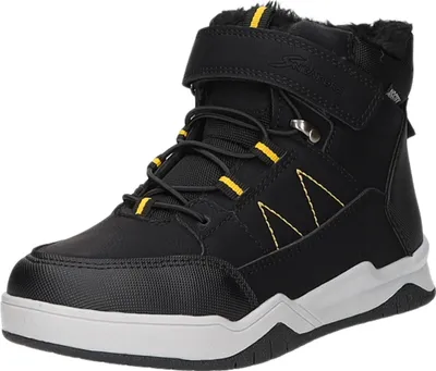 A single black and yellow children's boot is shown against a white background.