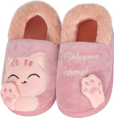 Image de ASKSA Filles Garçons Chaussons en Coton Chauffés Enfants Hiver Doublés Pantoufles Douces avec Chat Cartoon Antidérapant Pantoufles Maison Intérieur, Rose Clair, Taille : 22/23 EU