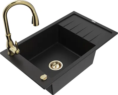 Produktbild von Mexen Elias 1 Becken-Granitspüle mit Abtropffläche und Mischbatterie Savita, Schwarz - 6511-77-672601-50