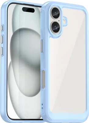 A light blue phone case with a clear back is shown in front of a blurred image of a phone.