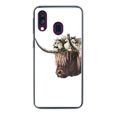 Produktbild von MuchoWow® Handyhülle Schutzhülle Hülle für Samsung Galaxy A40 Schottischer Highlander - Kuh - Rosen Silikon Softcase Handy Hülle - Handy-Tasche