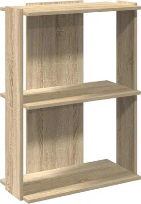 A freestanding, three-shelf bookcase with a wood-grain finish.