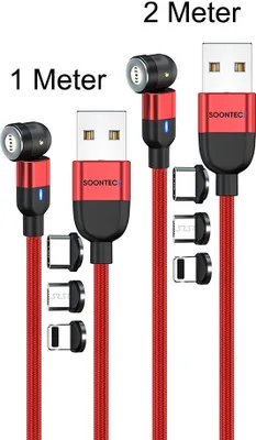 Obrázek produktu pro Magnetický nabíjecí kabel sada 2 (2 metry+1 metr) SOONTEC datový kabel magnetický nabíjecí kabel otočný o 360° a 180° se 3 konektory, každý Micro USB/ USB-C/ Lightning 3.0 A nabíjecí kabel (červený)