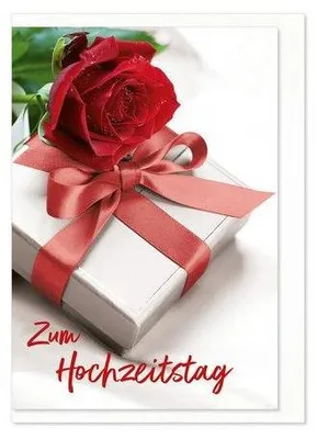 Produktbild von Hochzeitstagskarte, rote Rose, Geschenk mit roter Schleife
