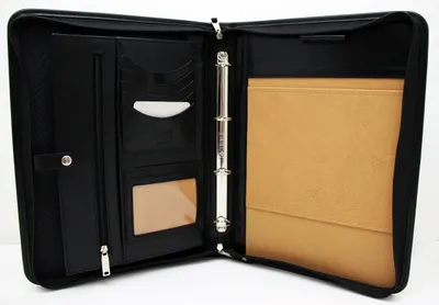 Ledermappe A4 mit Reißverschluss, Padfolio, Ringmechanik, Schwarz