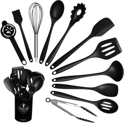 Immagine prodotto di Set di 12 utensili da cucina Unyqoos® in acciaio inossidabile e silicone alimentare privo di BPA, resistente al calore e ai graffi fino a 210 °C, lavabile in lavastoviglie