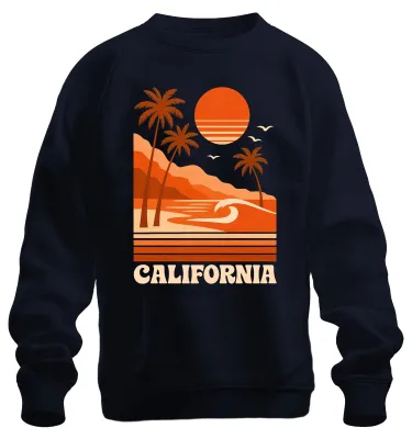 Imagen del producto de Sudadera con cuello redondo, estilo retro, con motivos de palmeras, atardecer y surf, diseño de la costa oeste, color azul marino, talla S