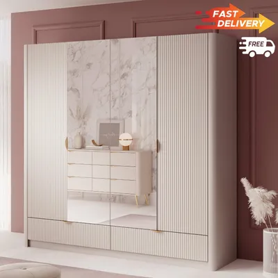 Produktbild von Kleiderschrank Lisse Typ H – Beige mit goldenen Details und Spiegeln