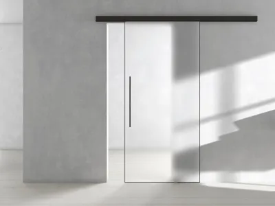 Produktbild von Griffwerk Glasschiebetür (ESG) inkl. Rahmen SNOWWHITE 501 ESG PURE WHITE matt 935x2058x8mm inkl. AIR Graphitschwarz