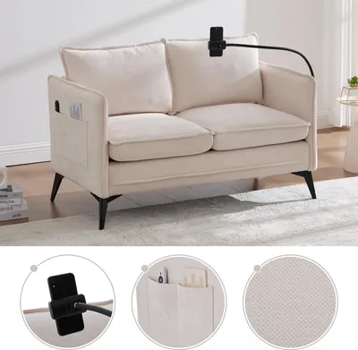 Produktbild von Doppelsofa 127 cm mit Stauraum, Chenille, Beige, Seitentasche & verstellbare Rückenlehne