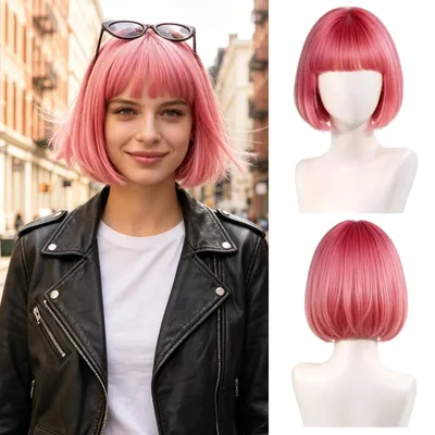 Produktbild von Rosa Perücke mit Pony für Damen, geeignet für Cosplay und Partys