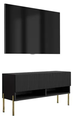 Produktbild von TV-Schrank mit geriffelter Front, Mattschwarz, gerade goldene Beine, 100 × 32 × 52 cm