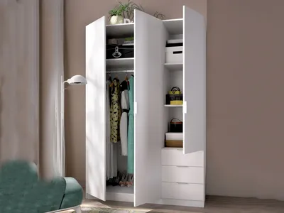 Produktbild von Kleiderschrank Dbarro, Garderobe für Schlafzimmer, Kleiderschrank mit 3 Flügeltüren und 3 Schubladen, 121x52h184 cm, Weiß