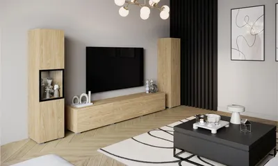 Productafbeelding van MINIO, wandmeubel BRELA III, 3-delig, TV-meubel met vitrine en kast, met LED-verlichting, 210 cm, geolied eikenhout