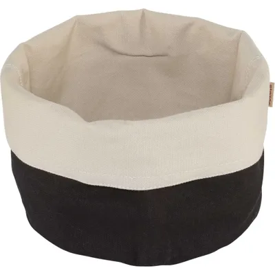 A two-toned fabric basket with a black base and a sand-colored rim.