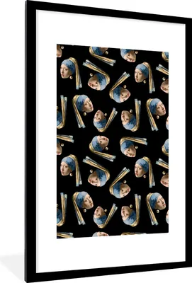 Produktbild von MuchoWow® Gerahmtes Poster Muster - Mädchen mit Perlenohrring - Vermeer 60x90 cm - Poster mit Schwarzem Bilderrahmen Wandposter Rahmen Foto Bilder - Dekoration - Wandposter Wohnzimmer - Hochwertig