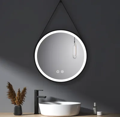 Produktbild von Heilmetz Spiegel 60cm Runder LED-Badspiegel in schwarzem Eisenrahmen mit Band Touch Schalter Modedesign Variabler Dimmfunktion Wandspiegel