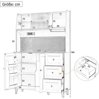 Image de Armoire de cuisine, meuble buffet, 184 cm, noir, avec prise électrique et port USB, porte-verres, panneau perforé, tiroirs