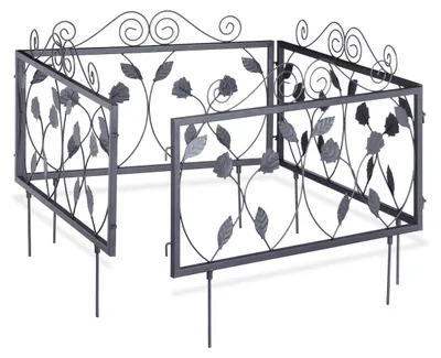 Image de 16 clôtures de parterre en métal, bordures de parterre à enfoncer, éléments de clôture vintage avec feuilles, H x L 34,5 x 56,5 cm, noir