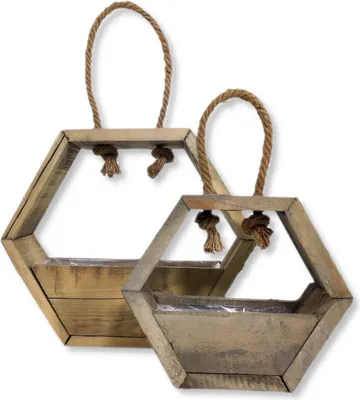 Produktbild von Holz Blumenampel natur braun Blumentopf Hänger Wand Deko 2er Set