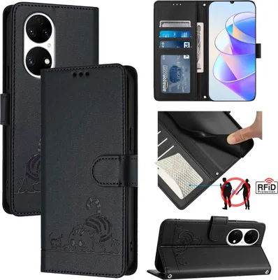 Produktbild von Leder Hülle für Huawei P50 Süße Katze Flip Case Brieftasche Schutzhülle mit Standfunktion Schwarz