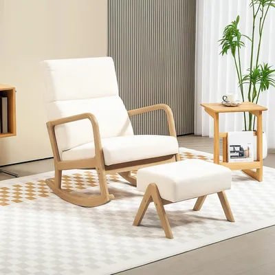 Produktbild von SUGIFT Relaxsessel Leinenoptik, Schaukelstuhl mit Hocker, Holzrahmen, Stillsessel gepolstert, Cremeweiß | 19 kg | 35° Schaukelbewegung | 96 x 65 x 94,5 cm