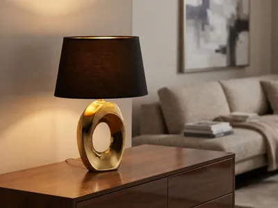 Produktbild von Tischleuchte mit Keramikfuß Gold, Stoffschirm Schwarz & E14 LED, Höhe 33cm