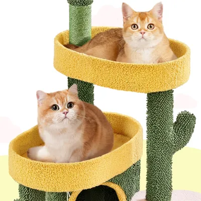 Produktbild von Yaheetech Kaktus Kratzbaum S, 123 cm hoch, Katzenbaum mit 2 Aussichtsplattformen 2 Katzenhöhlen Kratzstämmen, Grün/Gelb