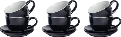 Produktbild von Argon Ta 12-teiliges Set aus farbigen Cappuccinotassen und Untertassen – 250 ml – Schwarz – Robuste Teetasse aus Steingut, spülmaschinen- und mikrowellengeeignet