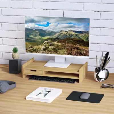 Produktbild von Monitorständer mit Schublade, Bambus Bildschirmerhöhung, Schreibtischorganizer, Natur | 49 x 25,5 x 11,5 cm | bis 10 kg | 2,5 kg