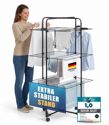 Produktbild von STAHLMANN® Wäscheständer Turm [30 m Trockenfläche] Turmwäscheständer 3 Etagen mit Rollen, platzsparend klappbar, bis 25 kg belastbar, rutschfest, Schwarz
