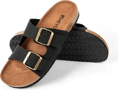 Produktbild von Pantoletten Herren Damen Sandalen Bequeme Hausschuhe HEYO Uni Kork Badelatschen mit verstellbaren Riemen 37