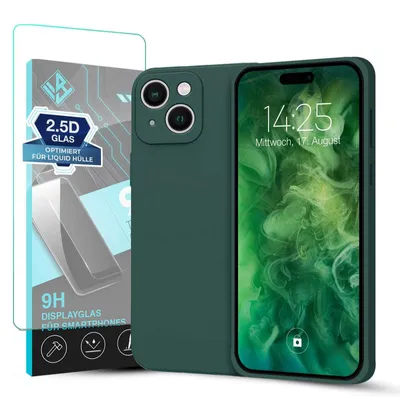 Produktbild von Hülle für Apple iPhone 15 mit 9H Displayglas Displayschutz Case Cover Bumper Smartphone Softgrip Schutzhülle Farbe: Grün